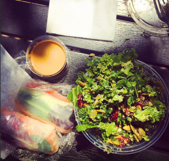 Lunch on the Patio, Cranberry Goat Cheese Kale Salad & Rice Wraps with Peanut Sauce